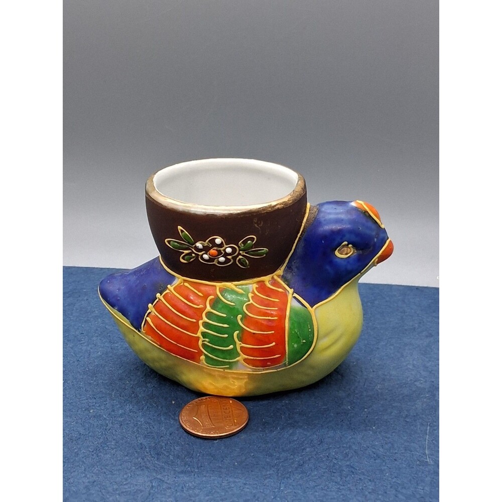 Ceramic Egg Cup Planter Vintage Japan Satsuma Moriage Quail Bird Fanny Farmer